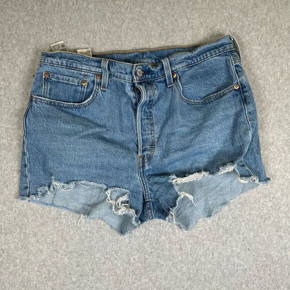 Levis 501 Womens Size 32 Cut Off Denim Jean Short Shorts Blue Raw Hem Zip Fly - Picture 1 of 8